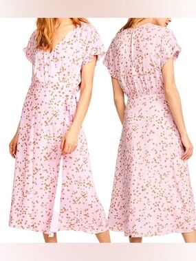 Joie Bethwyn Pink Floral Ruffled Sleeve Midi Wrap Dress Size XL Short Sleeve